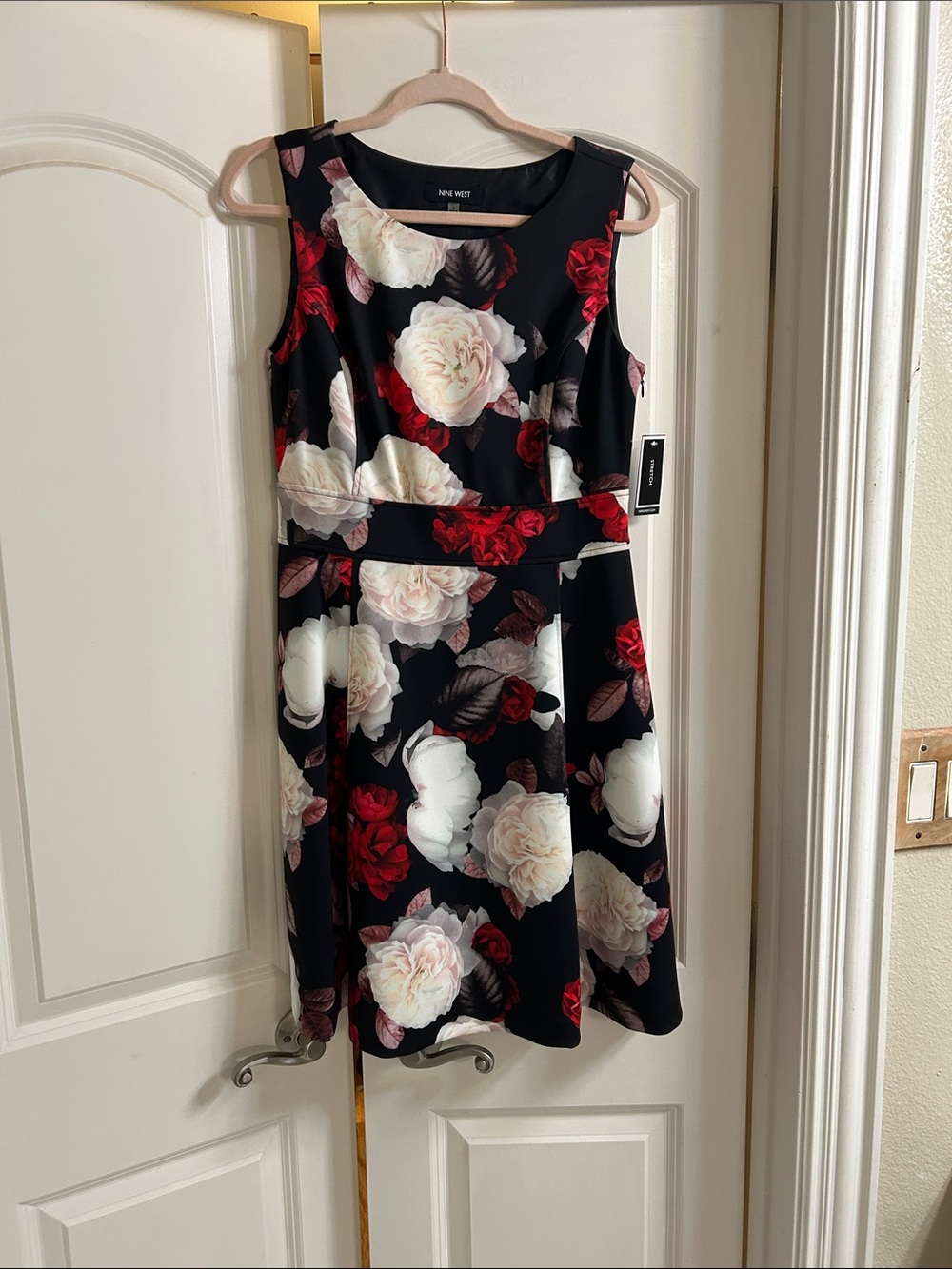 Nine West Black Floral Midi Dress with Red & White Roses